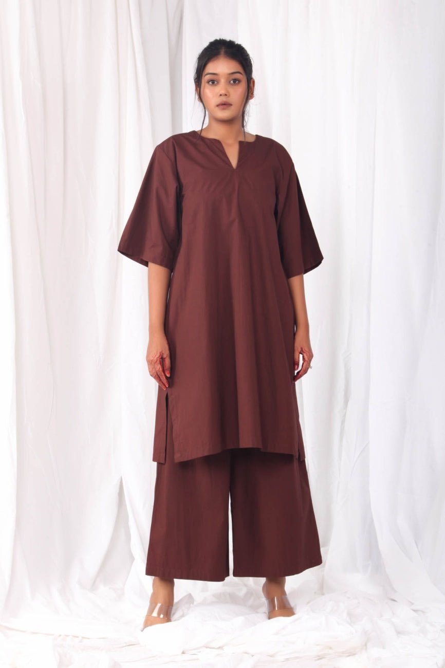 Brown Poplin Cotton V-Neck Longline Top