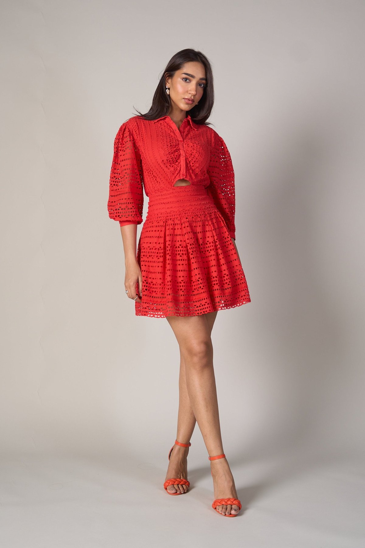Red Schiffli Cutwork Mini Fit and Flare Dress