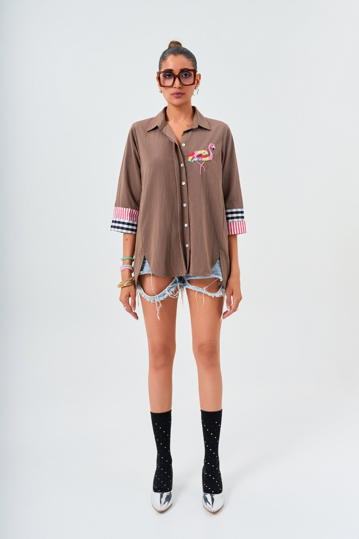 Brown Cotton Comfort-Fit Shirt with Flamingo Embroidery
