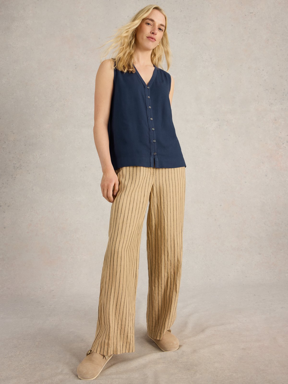 Dark Navy Sleeveless V-Neck Button-Front Top
