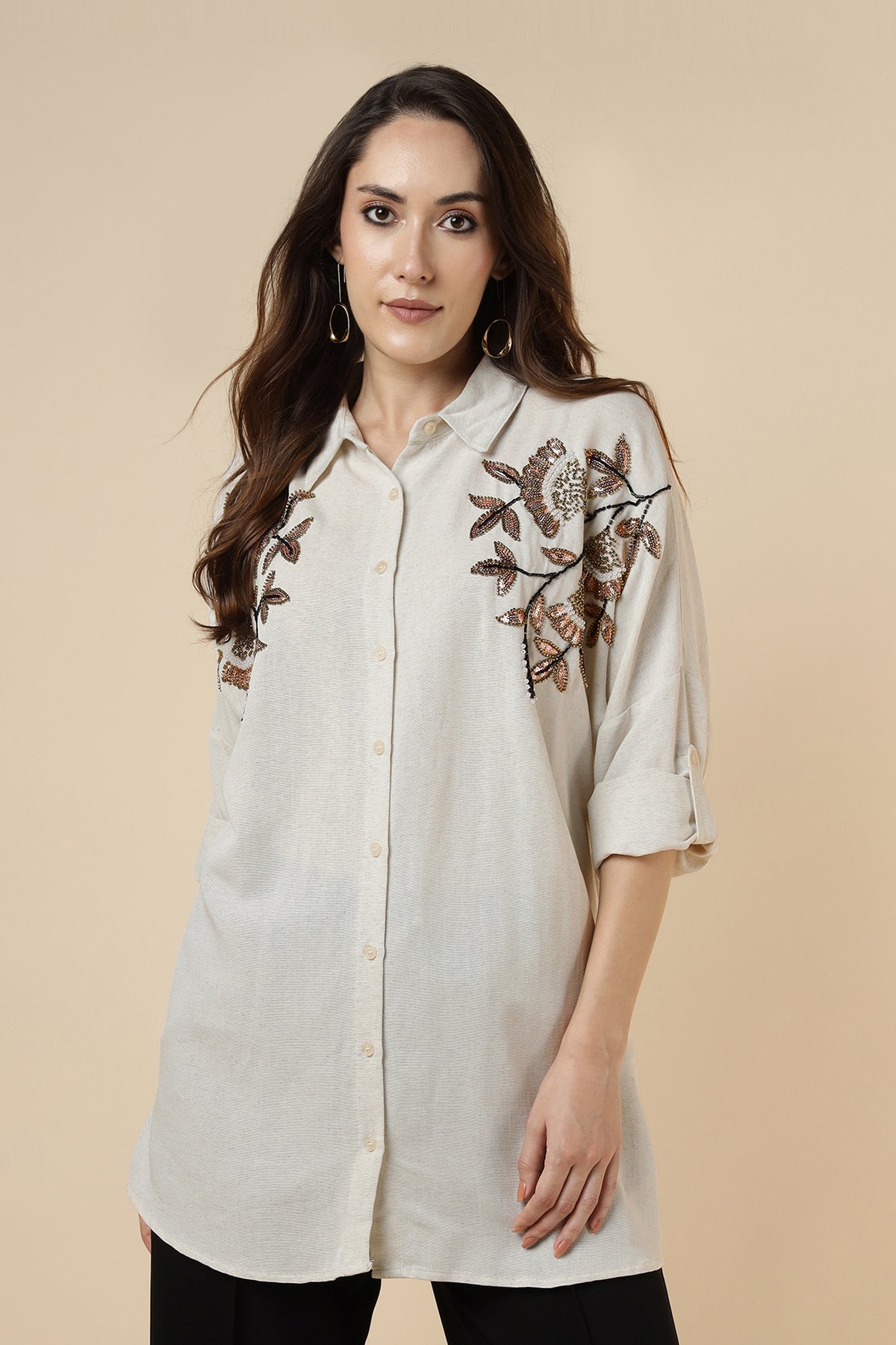 Natural Beige Embellished Longline Shirt