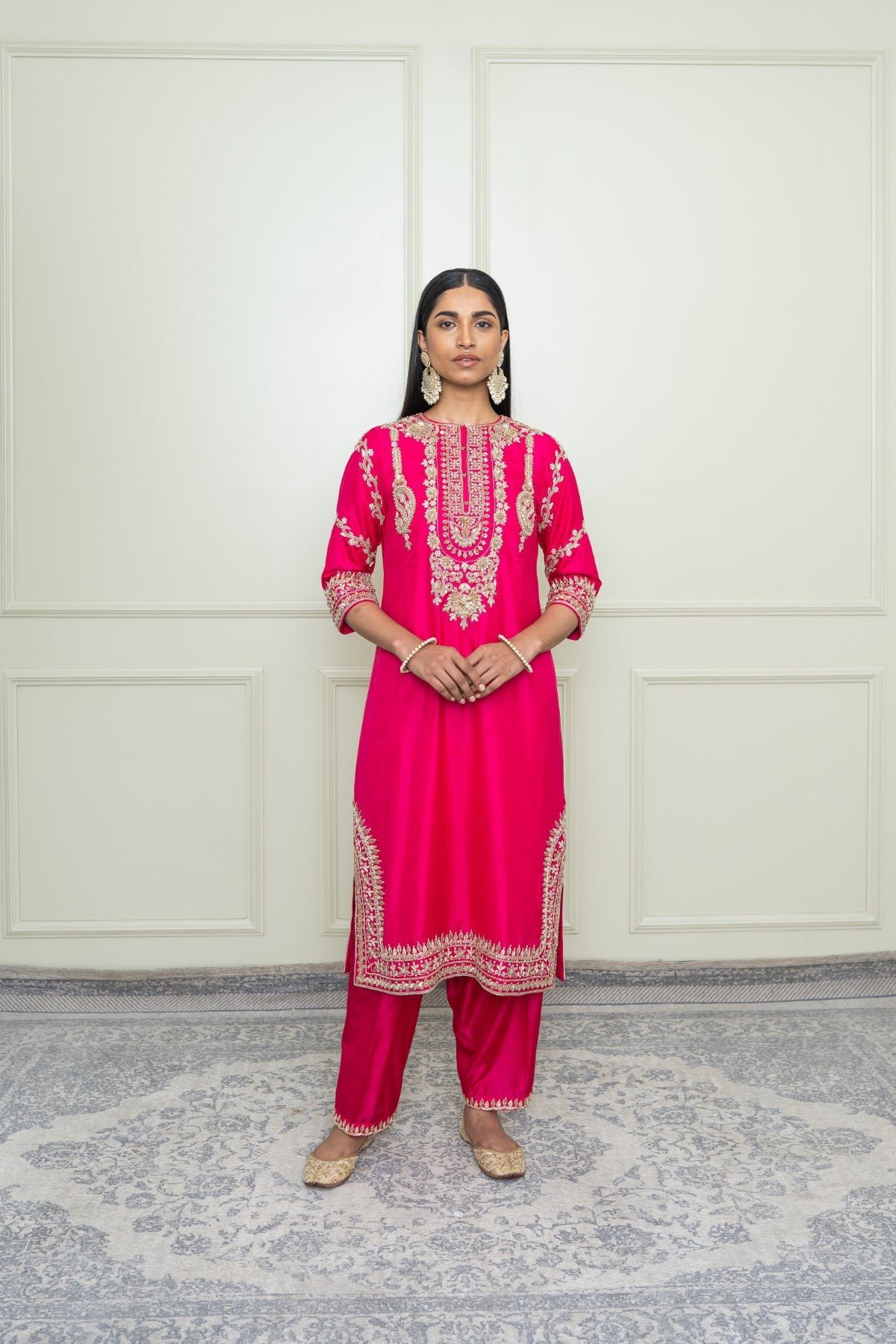 Hot Pink Pure Silk Zardozi A-Line Kurta Set