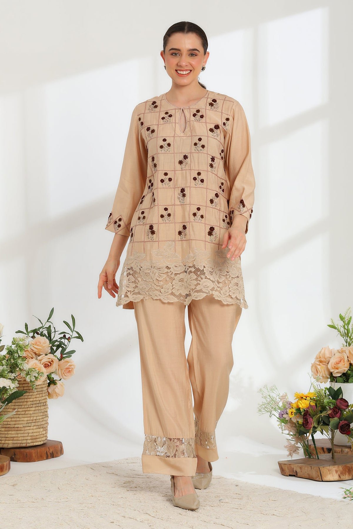 Aure Beige Hand Embroidered French Lace Silk Linen Kurta Set