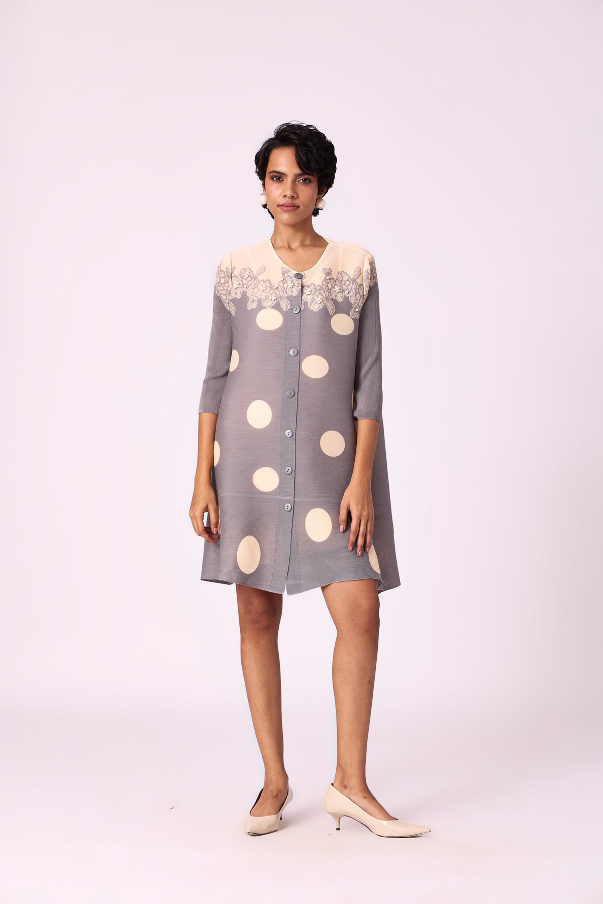 Grey Polka Dot Button-Front Pleated Shirt Dress