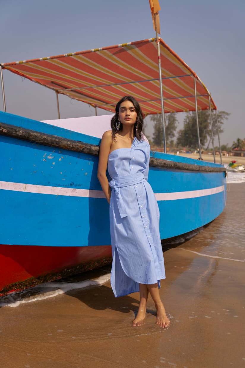 Blue Pinstripe One-Shoulder Midi Shirt Dress
