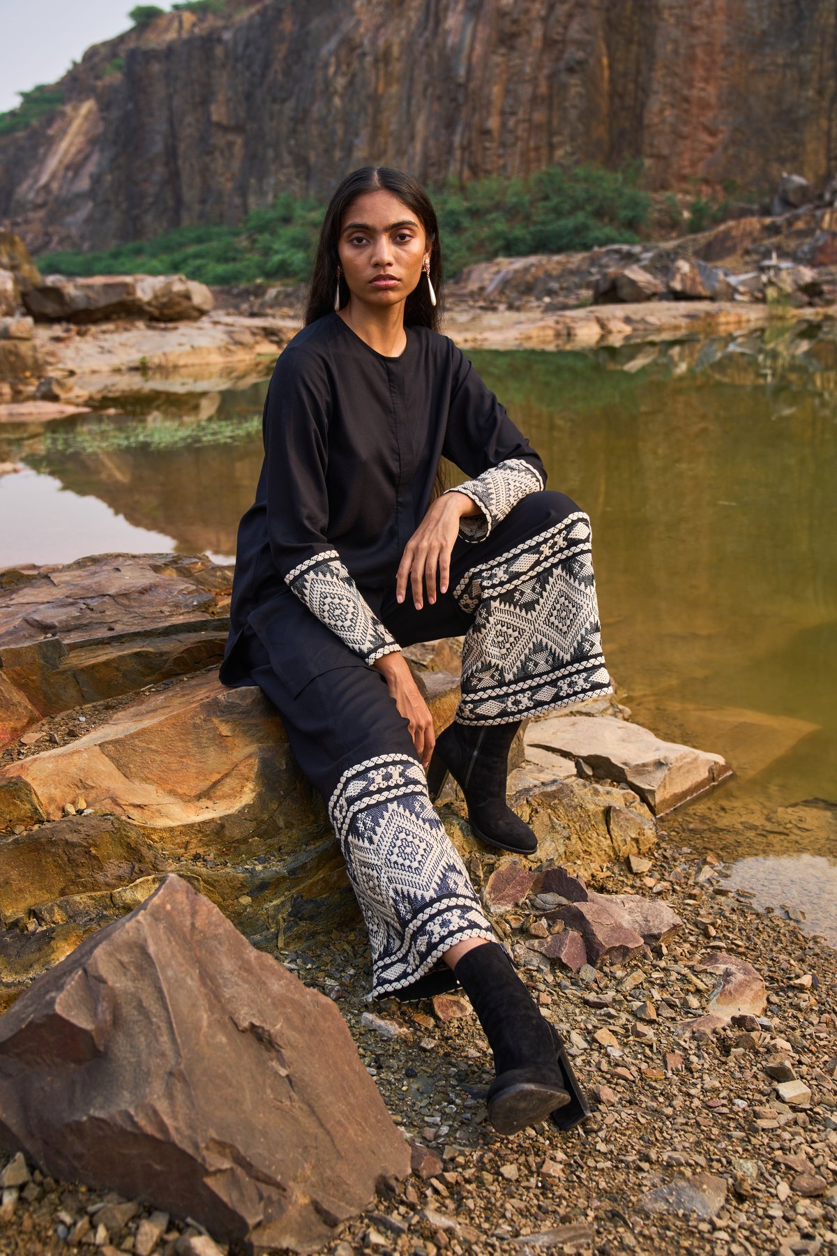 Black Longline Top and Wide-Leg Pants Co-ord Set