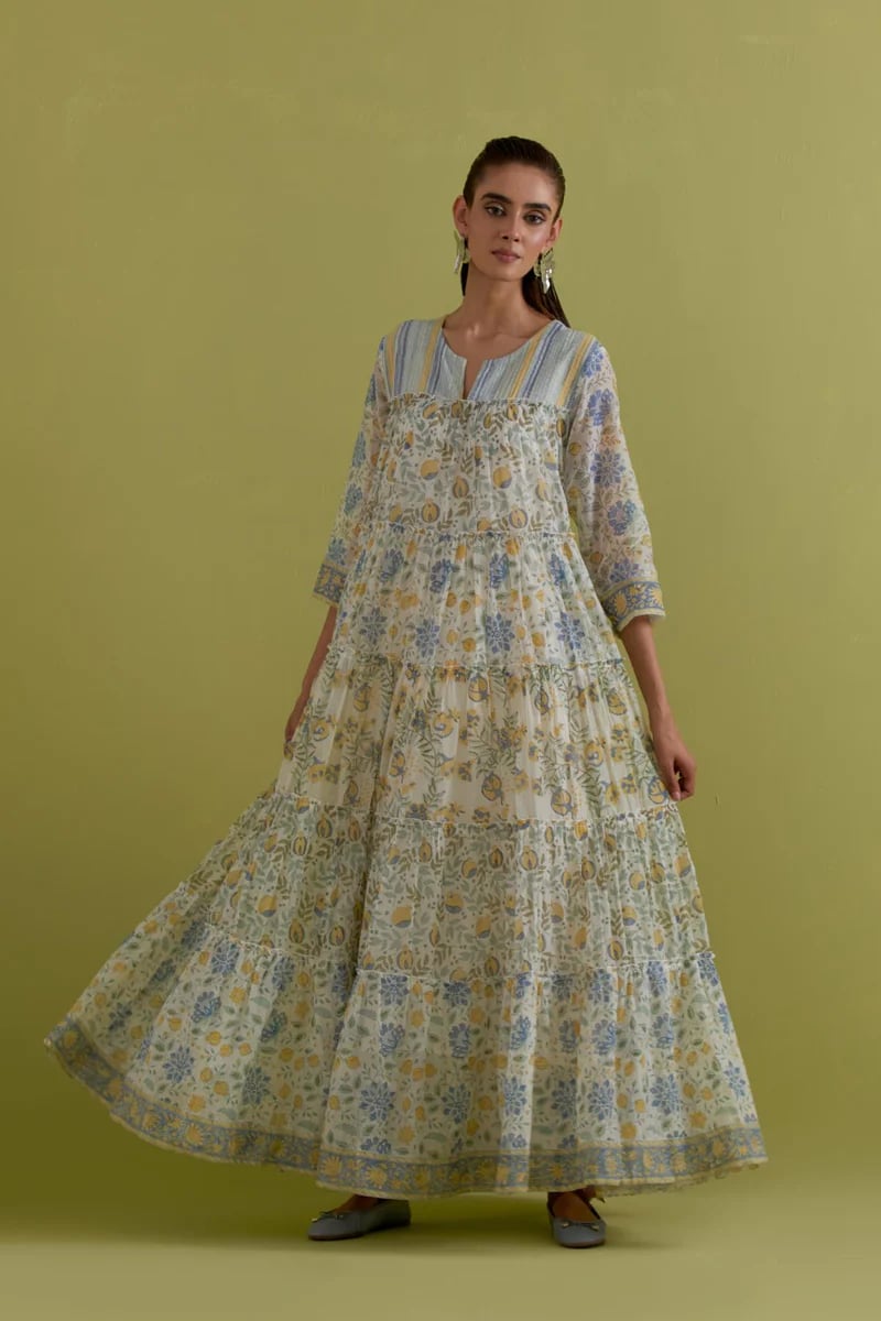 Off White Block Printed Multi Tiered Kurta