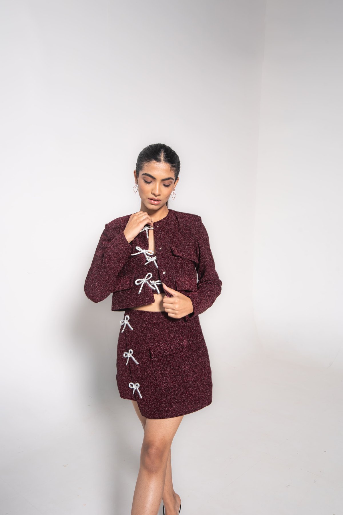 Burgundy Glitter Cropped Jacket with Rhinestone Bows