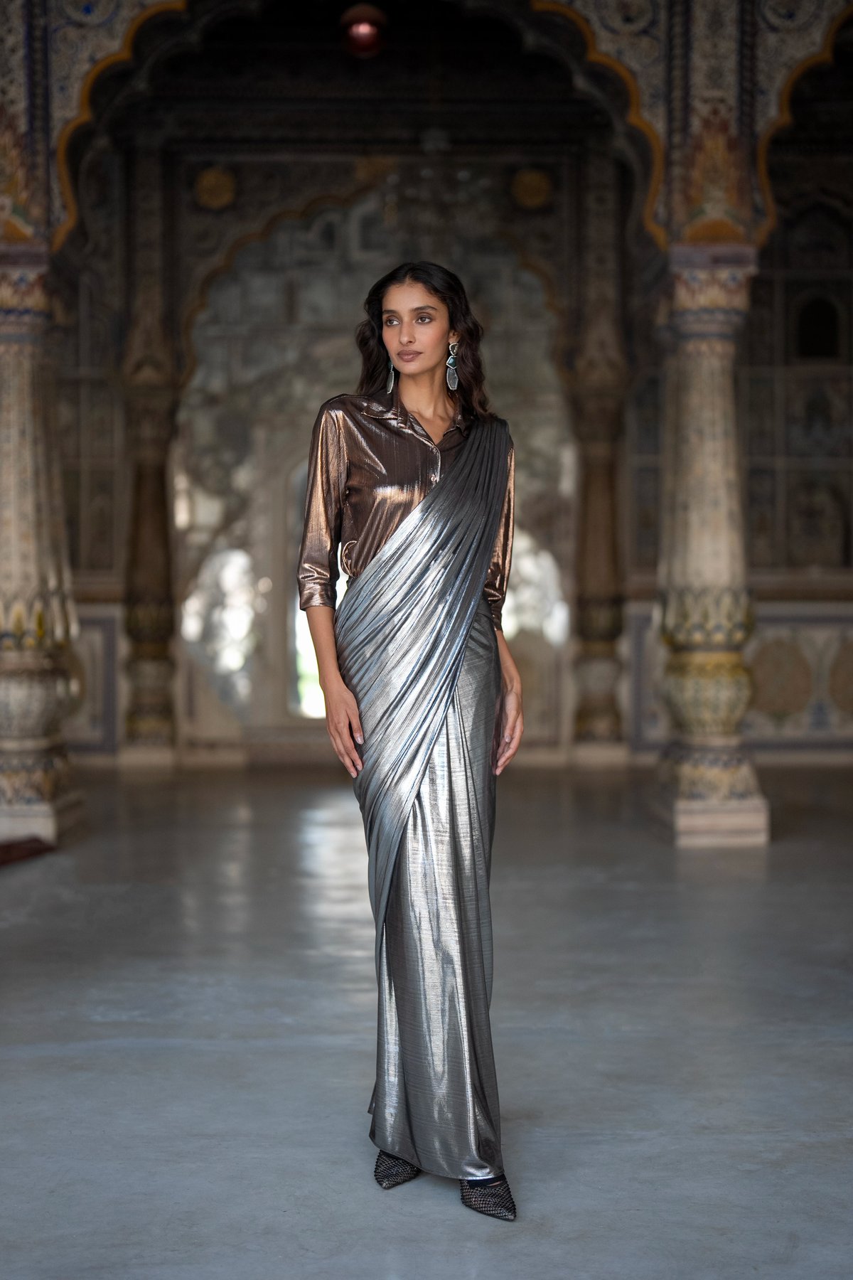 Textured Lame Sari Drape Skirt