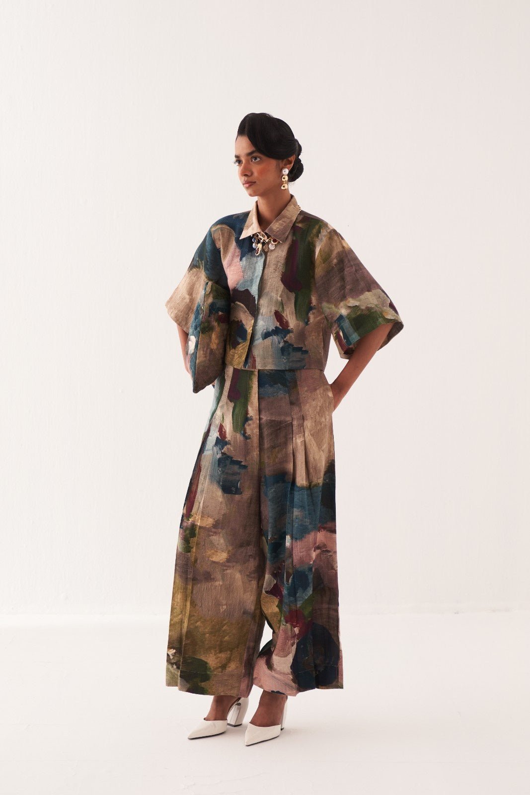 Multicolor Abstract Print Cropped Cotton Shirt