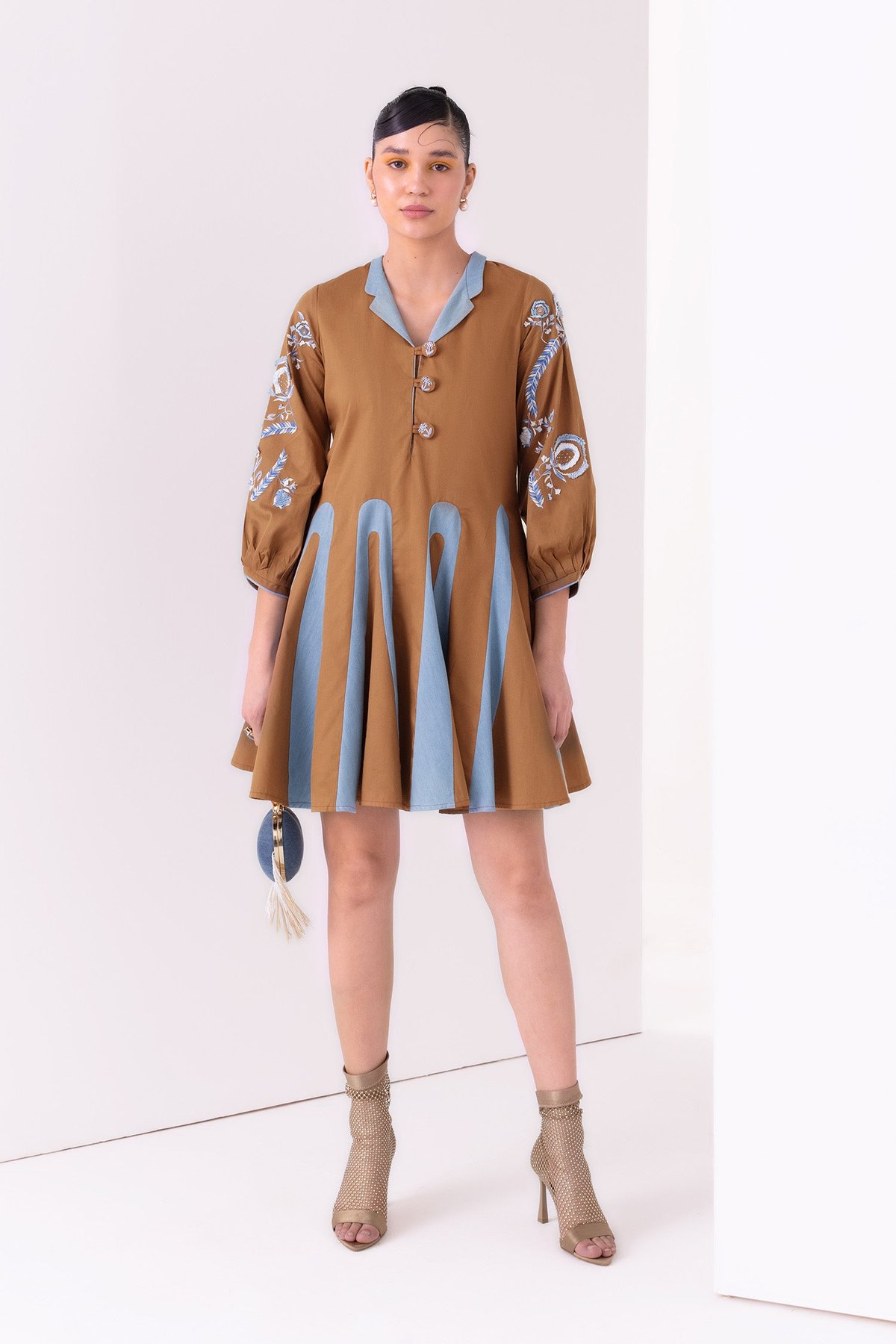 Denim/Tan Colorblocked A-Line Mini Dress with Embroidered Sleeves