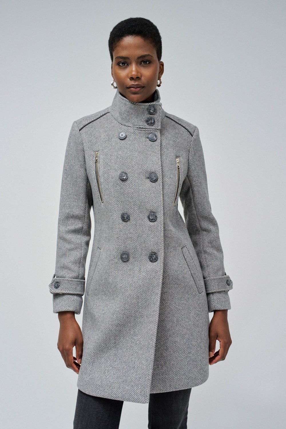 Grey Herringbone Double-Breasted Tailored Coat