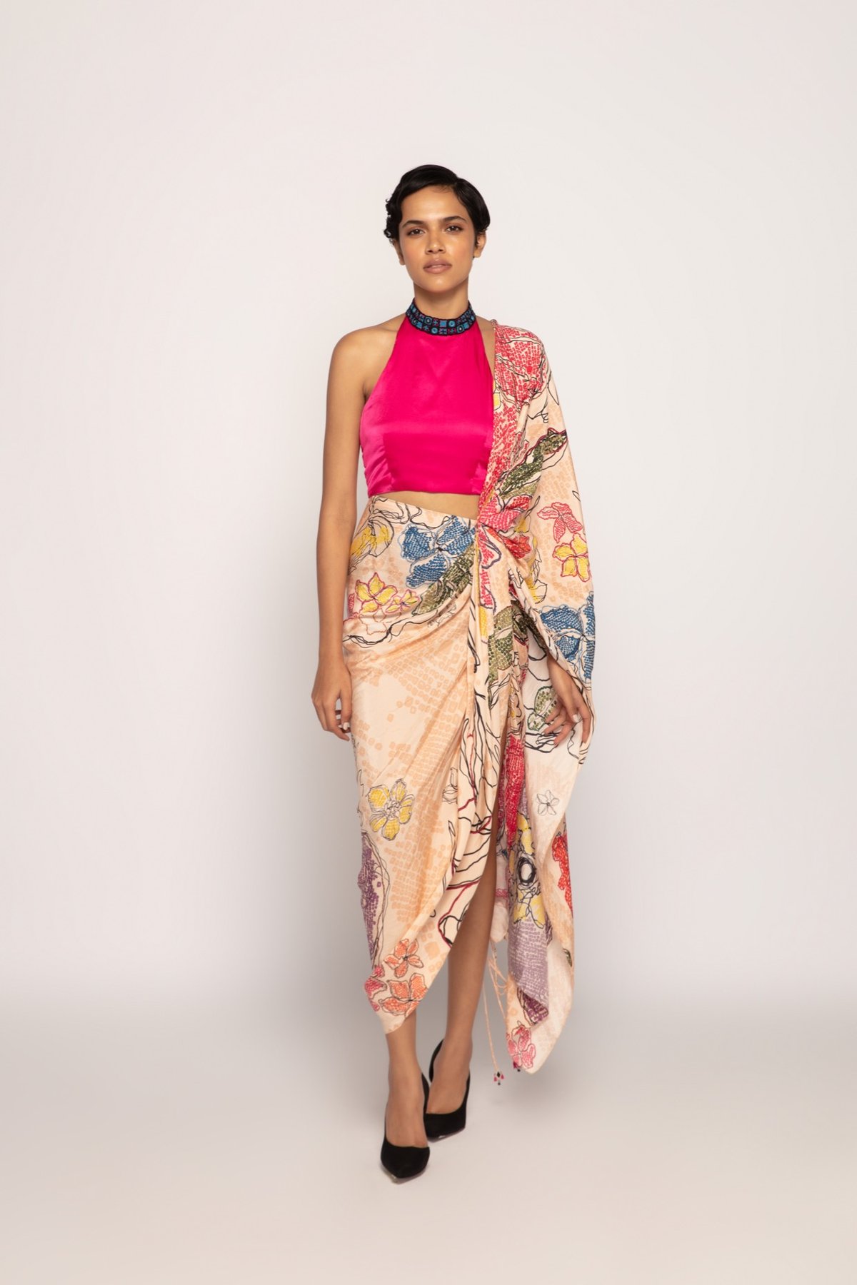 Peach Silk Printed Pre-Draped Saree with Attached Pallu
