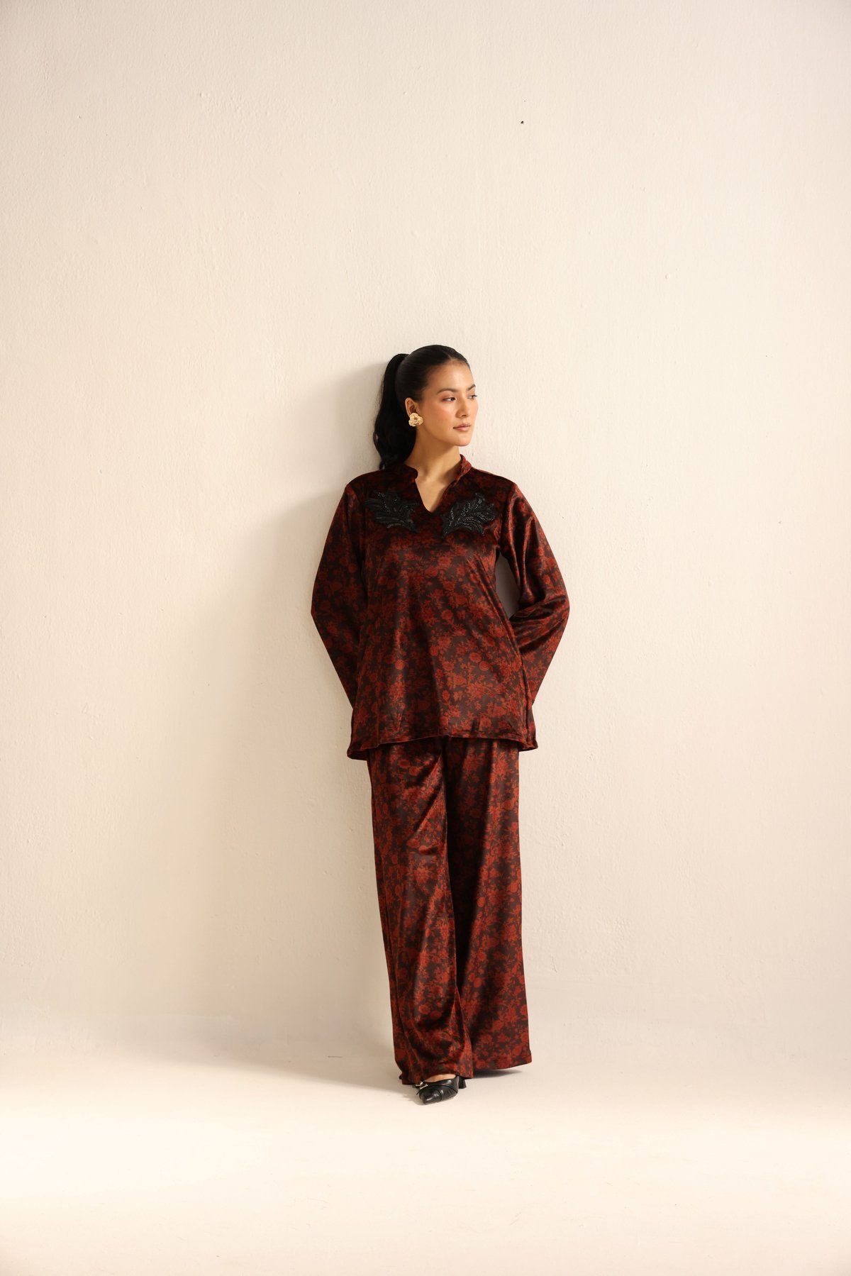 Wine Printed Velvet Co-ord Set with Wide-Leg Pants