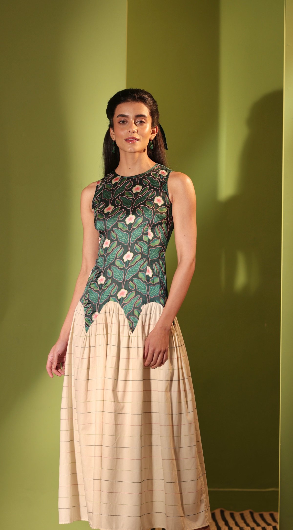 Forest Green Printed Fit and Flare Maxi Dress