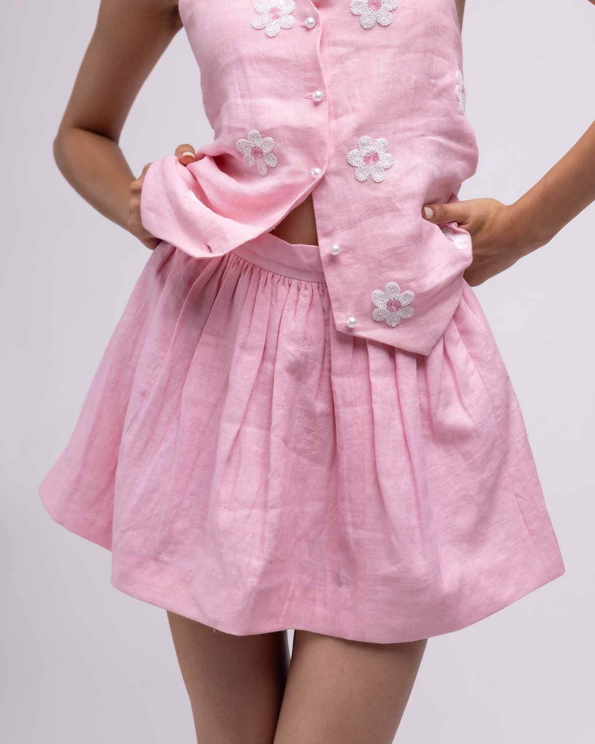 Light Pink Linen High-Waisted Flared Mini Skirt