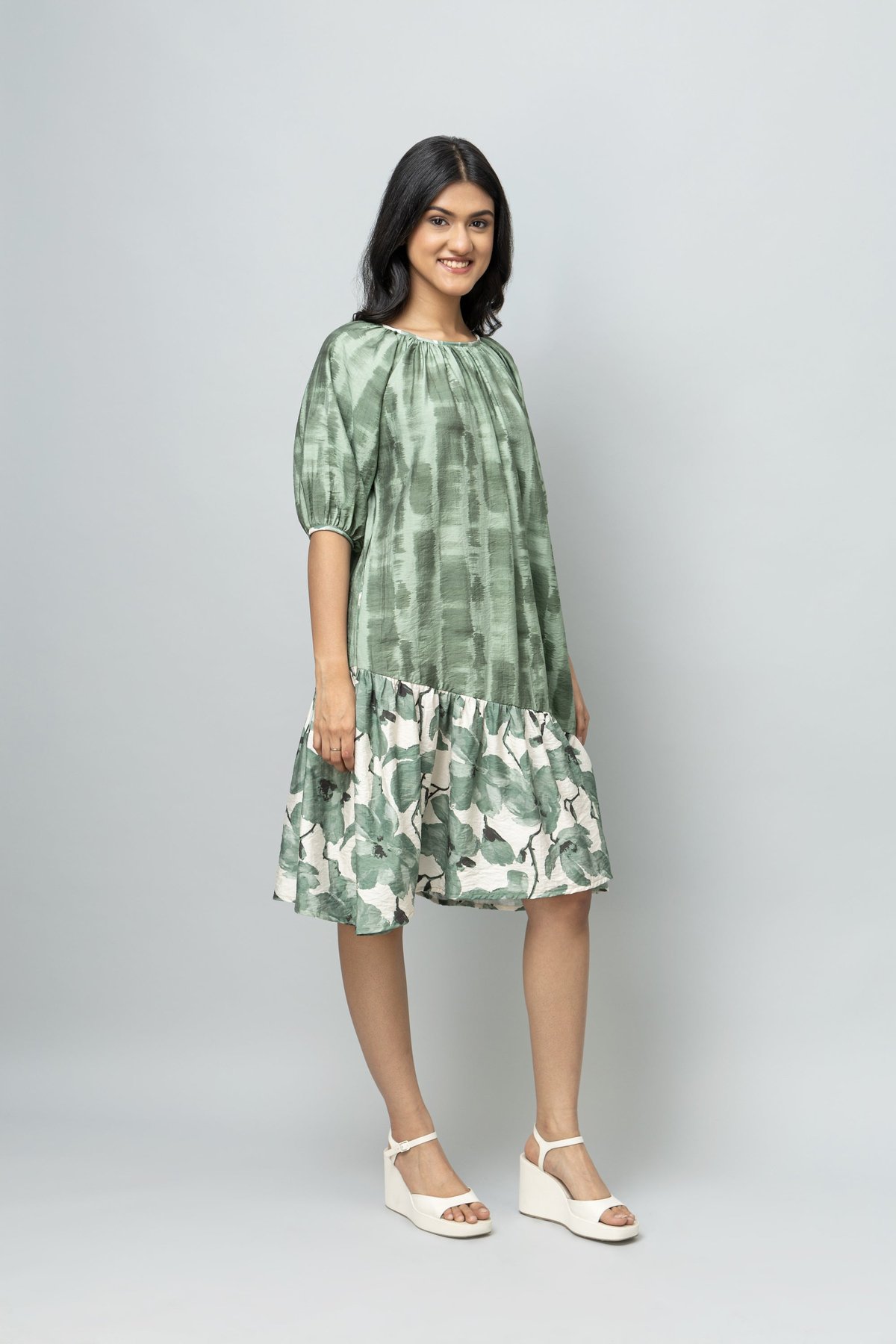 Sage Green Printed A-Line Midi Dress with Tiered Hem