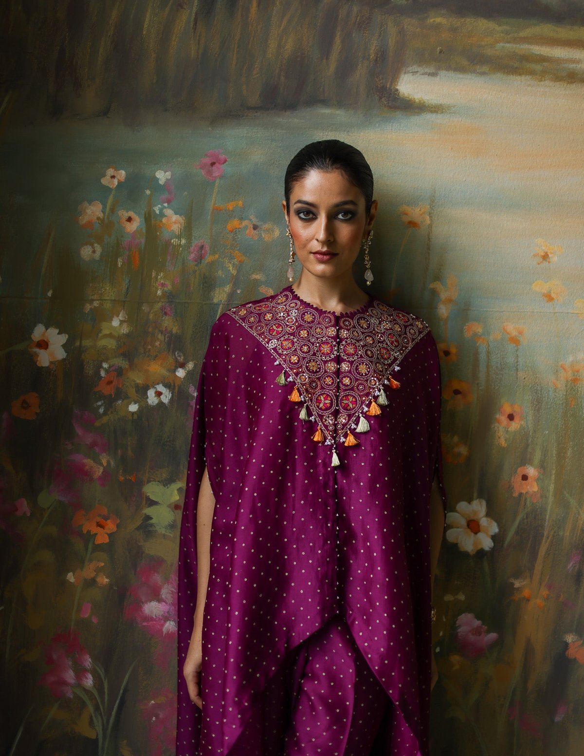 Aubergine Silk Chanderi Cape and Pants Co-ord Set