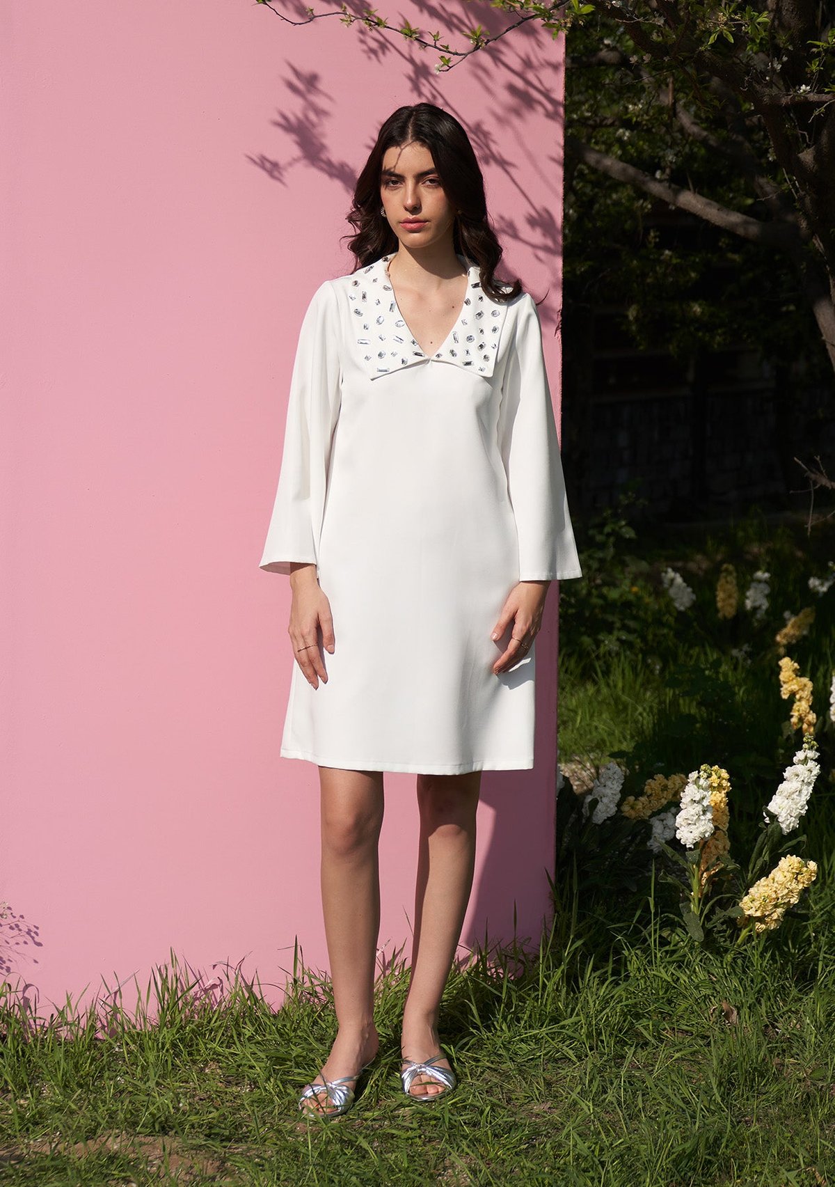 White Mini Shift Dress with Rhinestone Collar