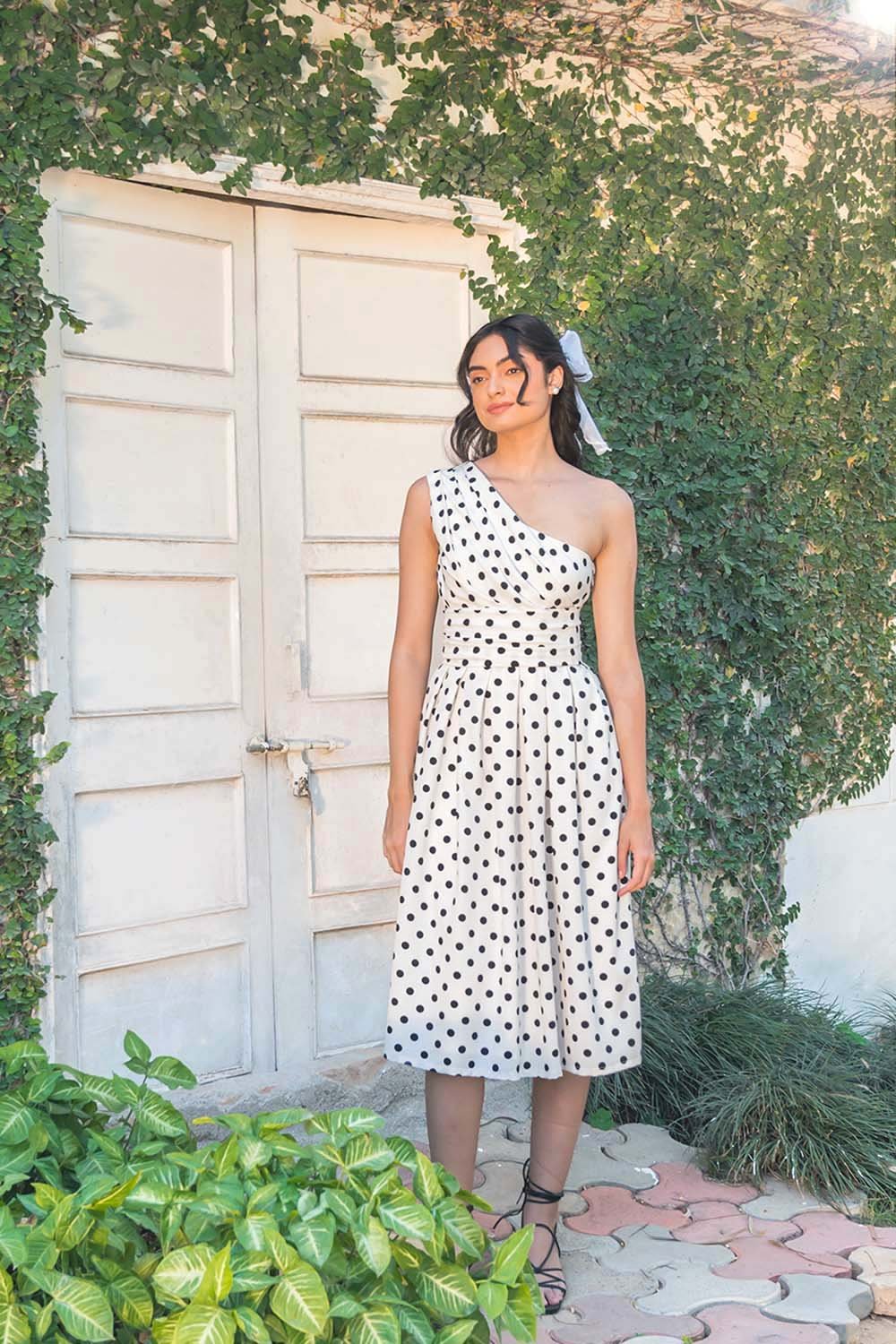 Off-White One-Shoulder Polka Dot Georgette Midi Dress