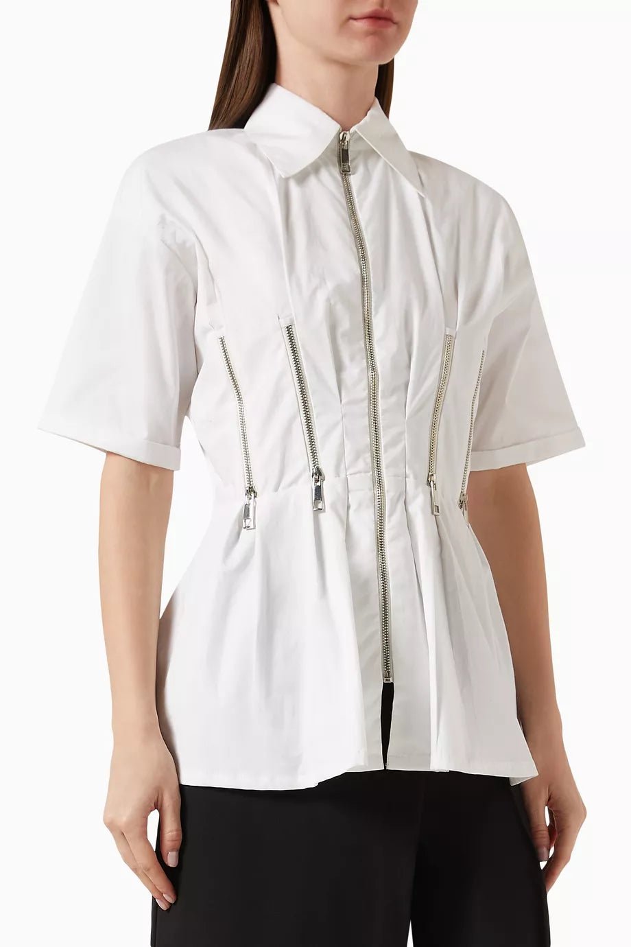 White Cotton Poplin Zip-Front Utility Shirt