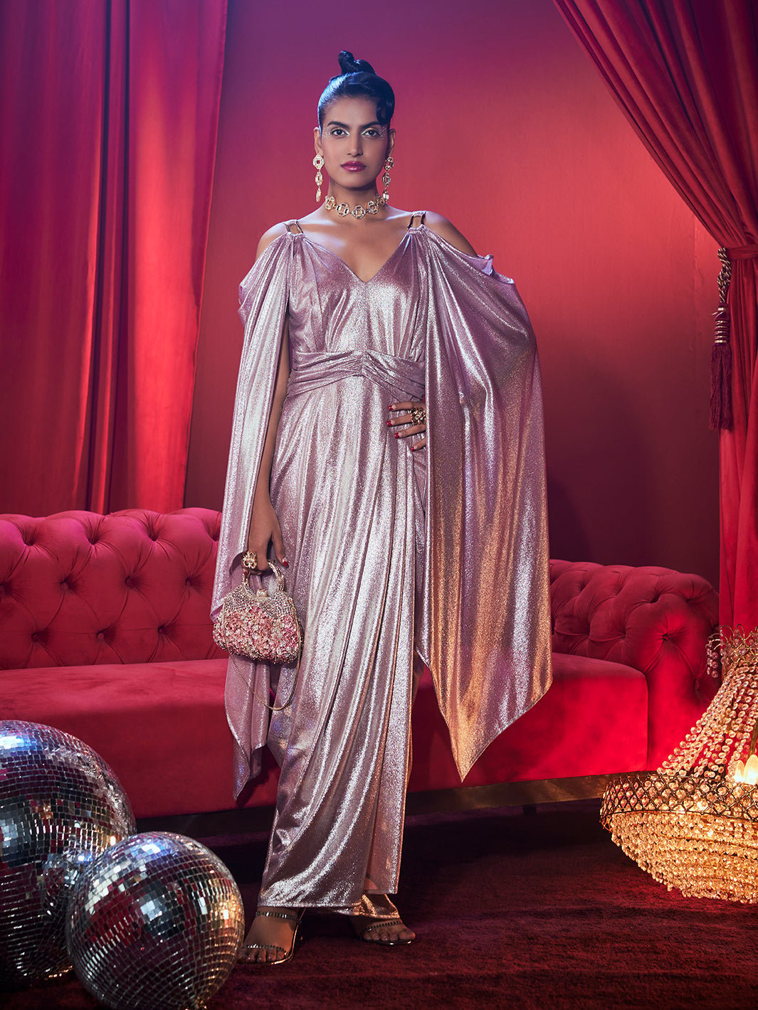 Burgundy Metallic Cape-Drape Maxi Gown