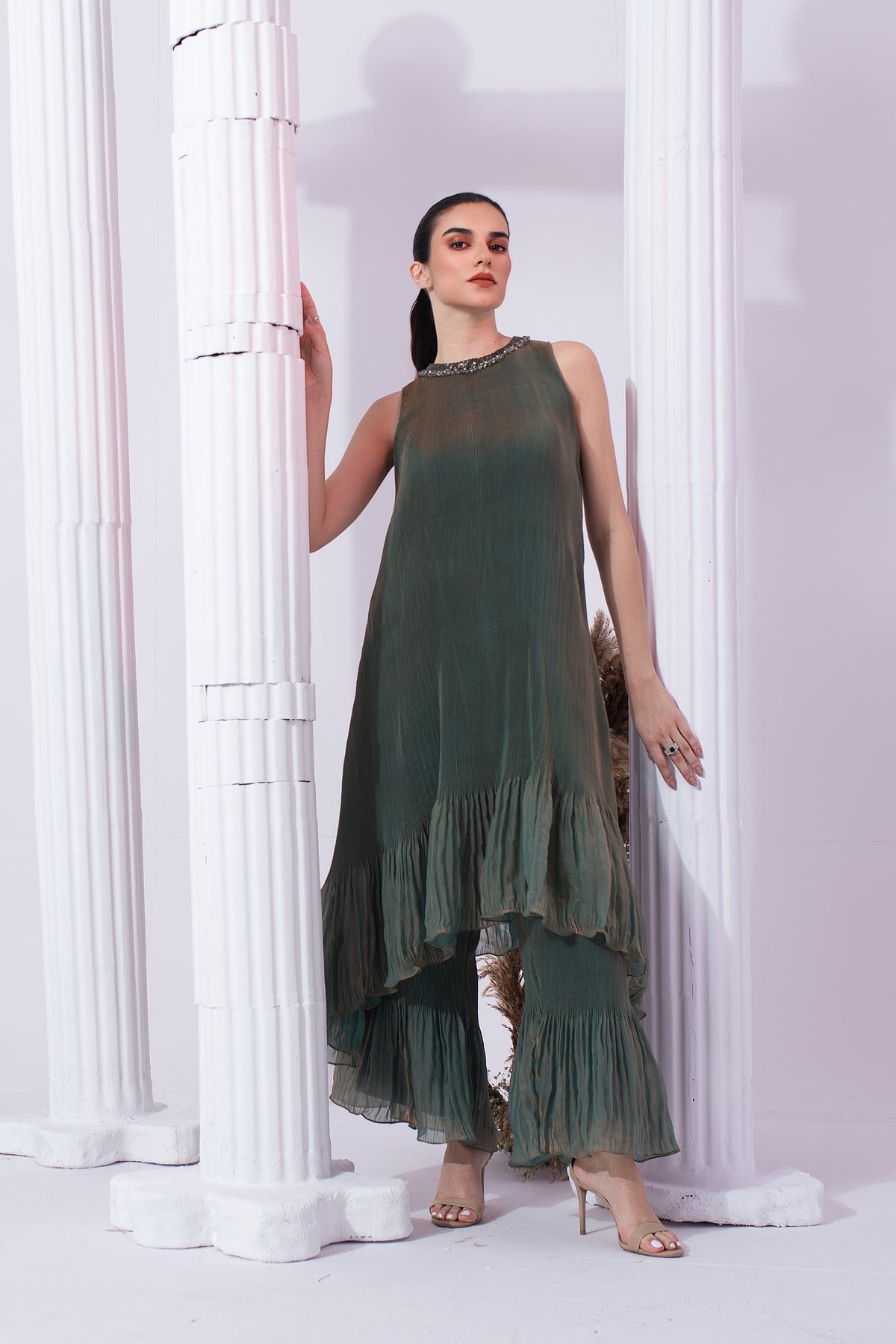 Moss Green Tissue Satin High Neck Kurta Sharara Set