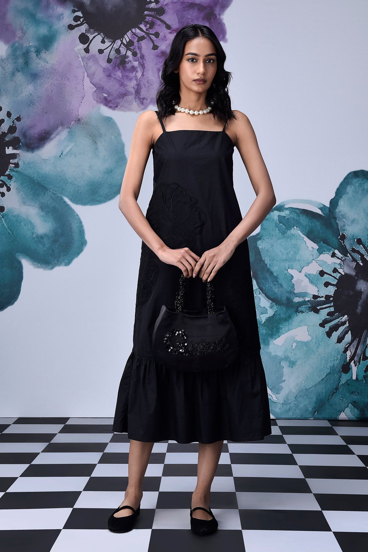 Black Cotton Poplin Strappy A-Line Midi Dress