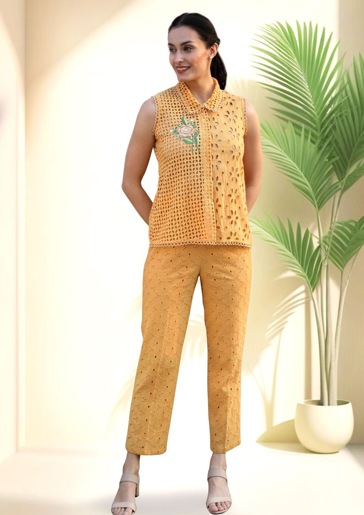 Meera Cotton Cutwork Co-ord Set in Mango Yellow