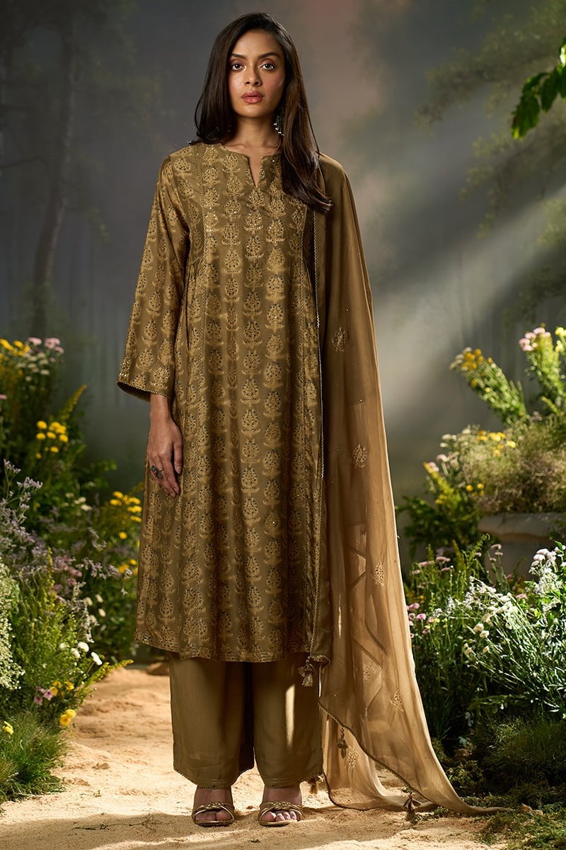Olive Green Printed Silk A-Line Kurta Set with Dupatta
