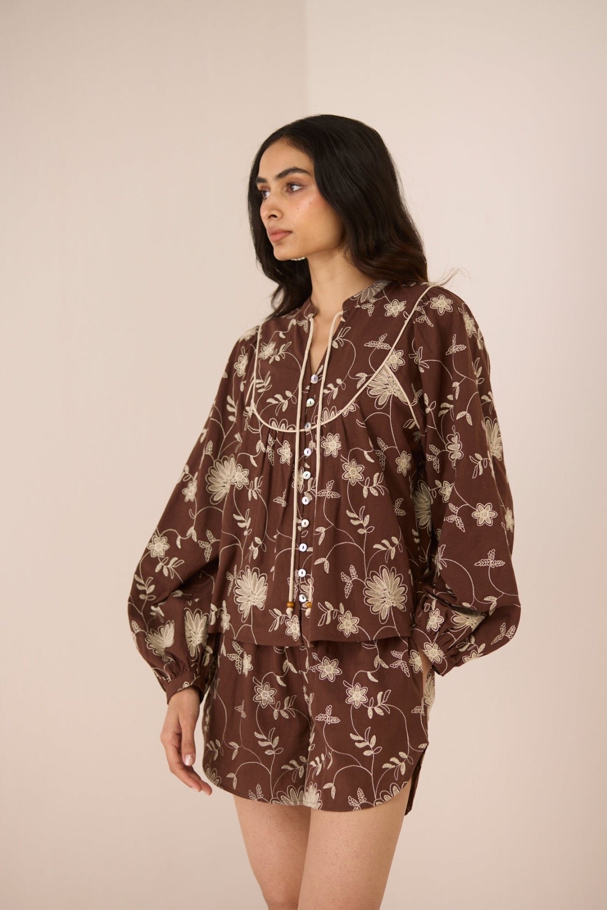 Pecan Pie Cotton Linen Floral Embroidered Drawstring Shorts
