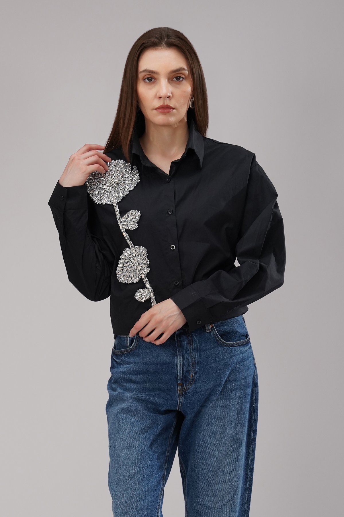 Black Shirt With Embellished Flower
