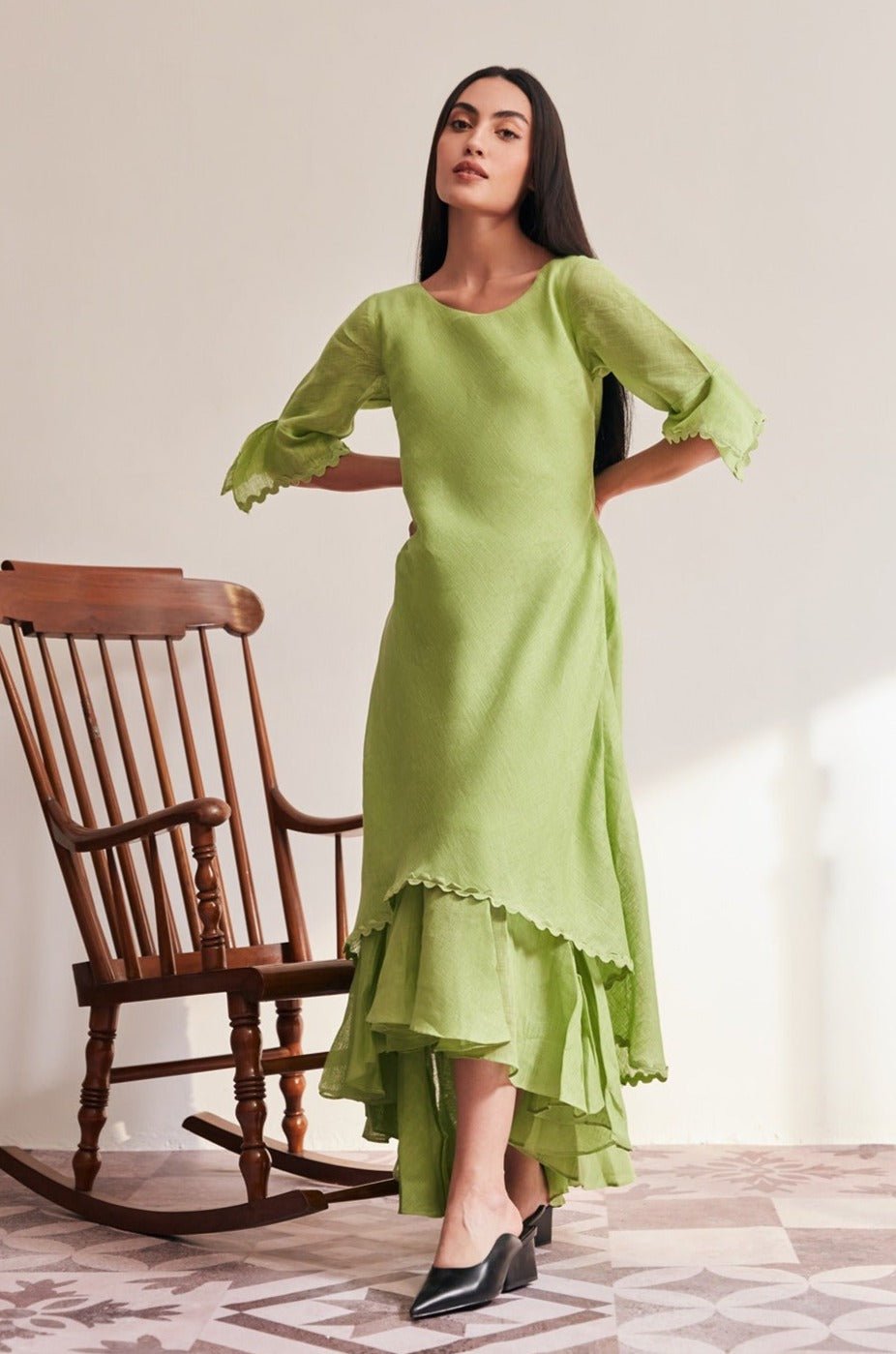Light Green Linen Tiered Midi Dress with 3/4 Sleeves