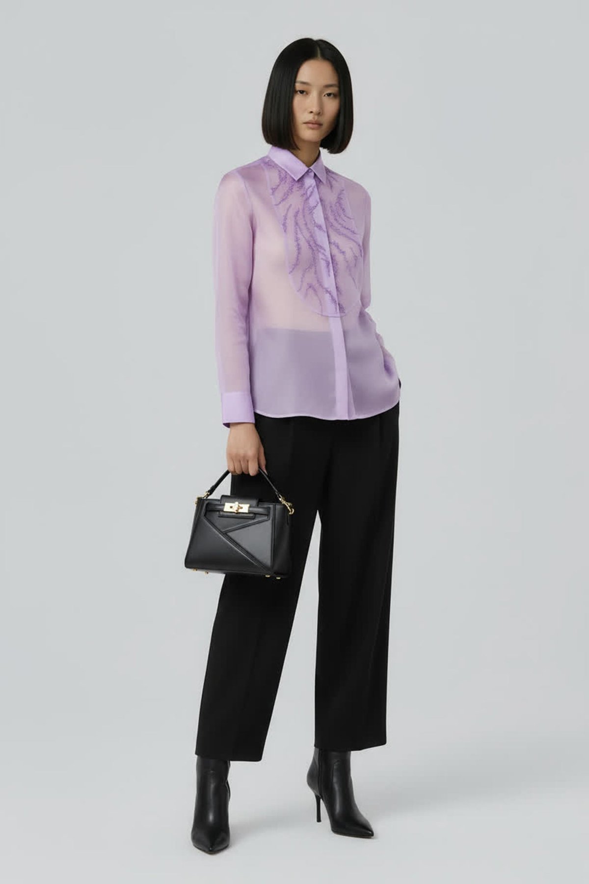 Lavender Sheer Organza Shirt with Tonal Bead Embroidery