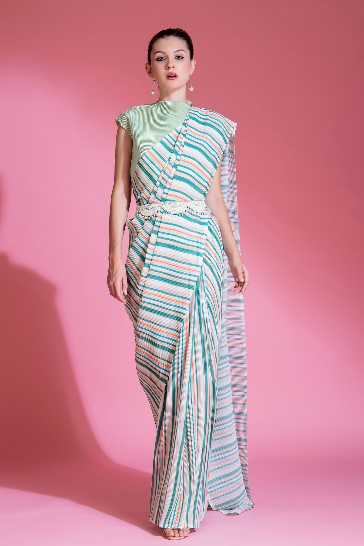 White/Green Striped Pre-Draped Georgette Saree Set