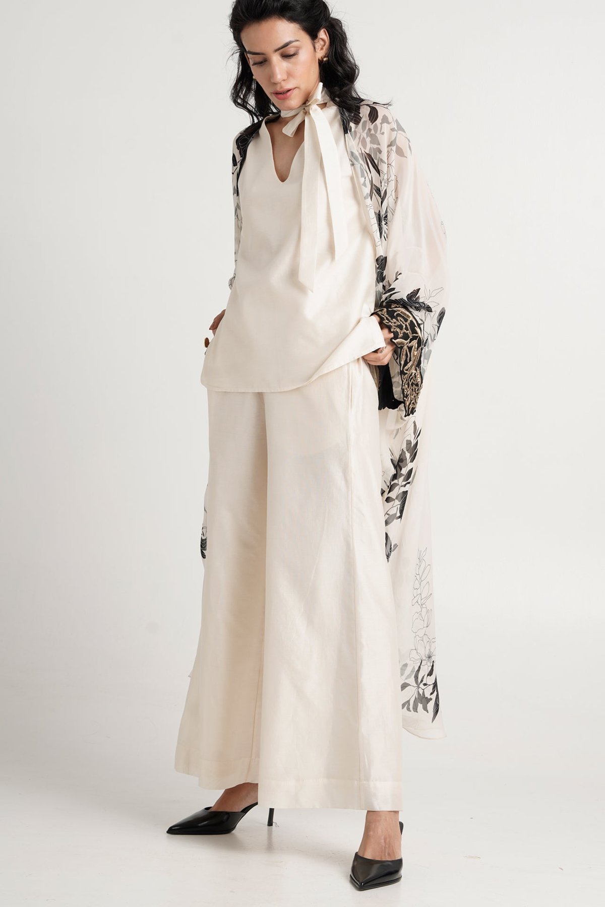 White 3-Piece Co-ord Set with Cape and Wide-Leg Pants