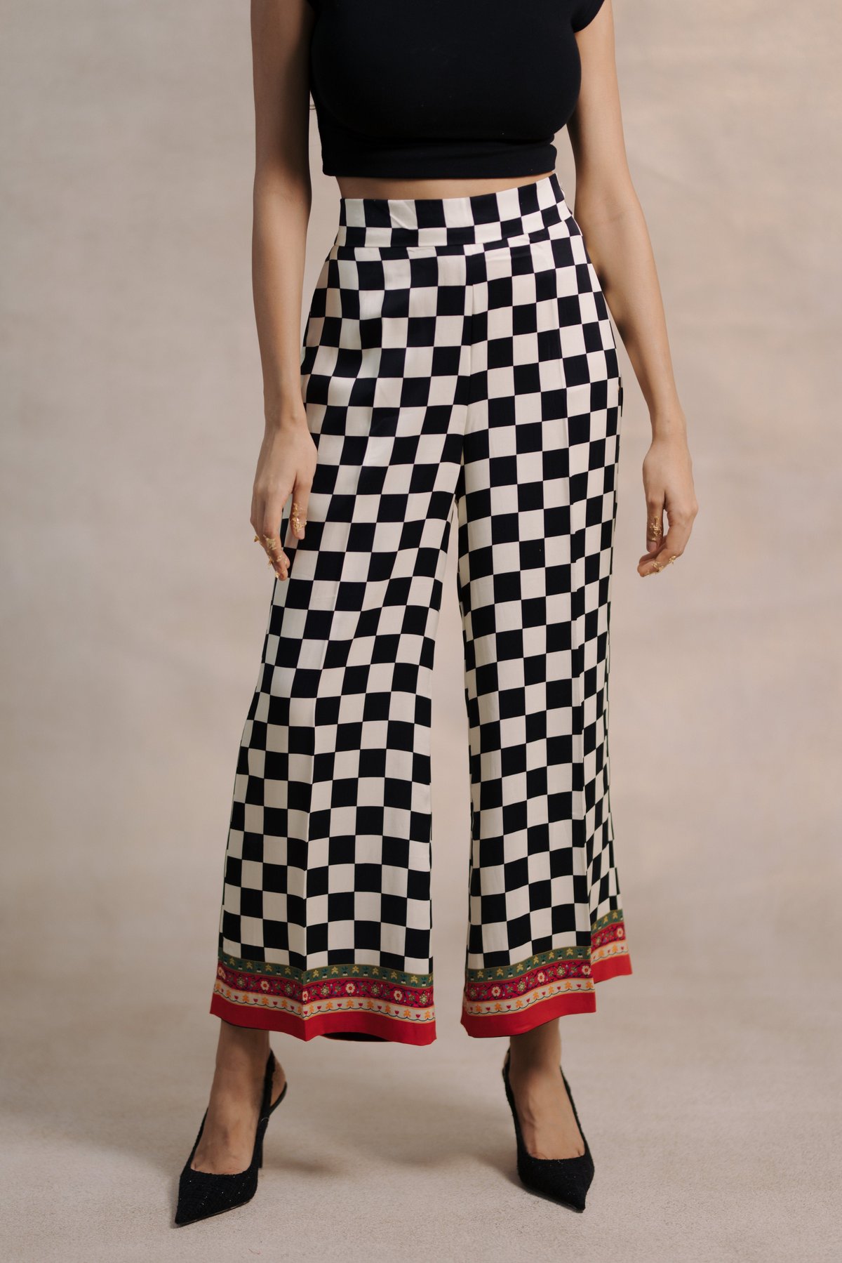 Black and White Checked Wide-Leg High-Rise Trousers