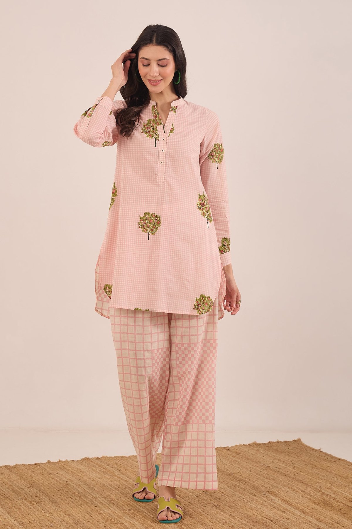 Pink Cotton Checked Co-ord Set with Wide-Leg Pants