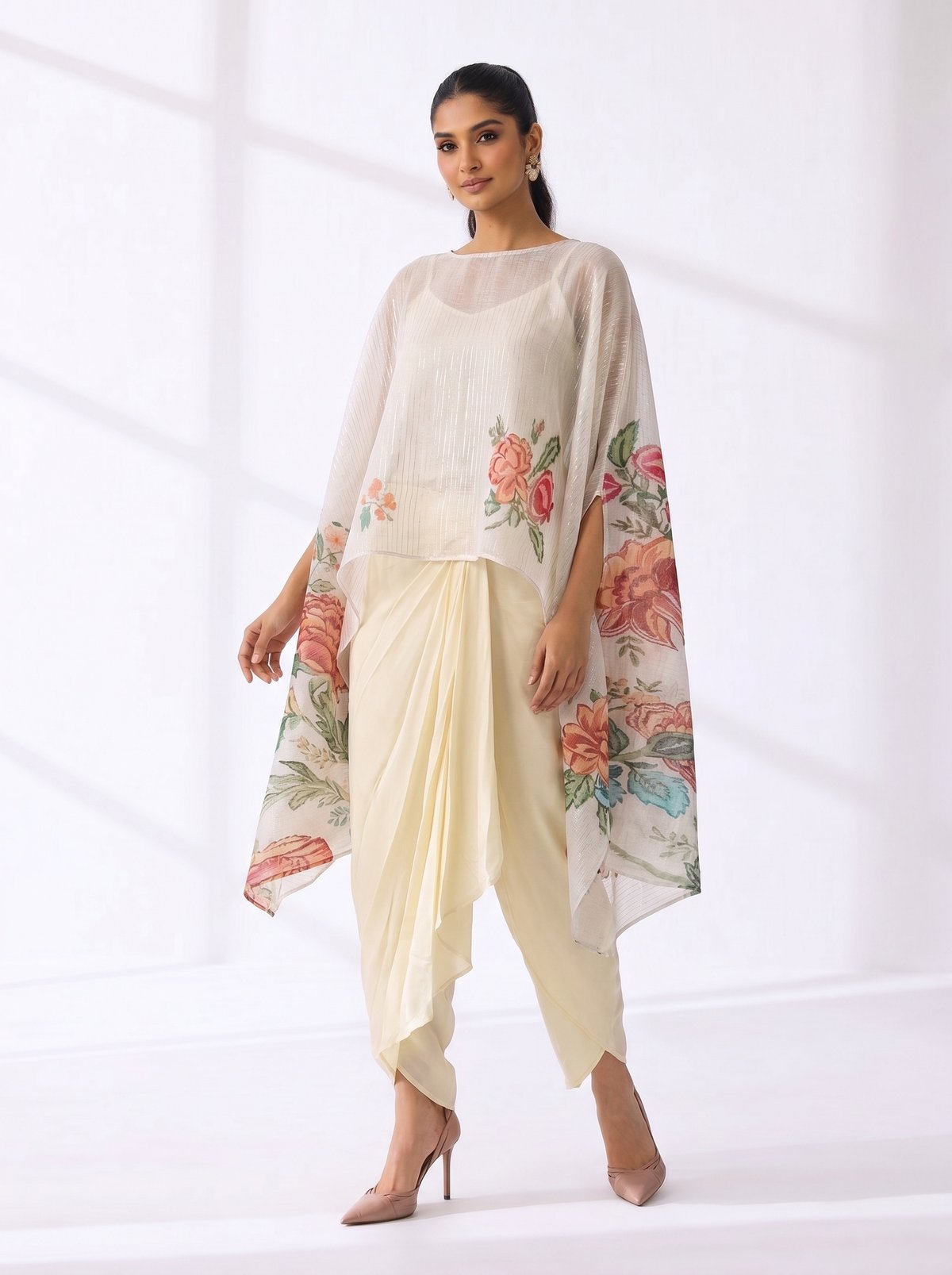 Ivory Kaftan Kurta Set with Dhoti and Slip