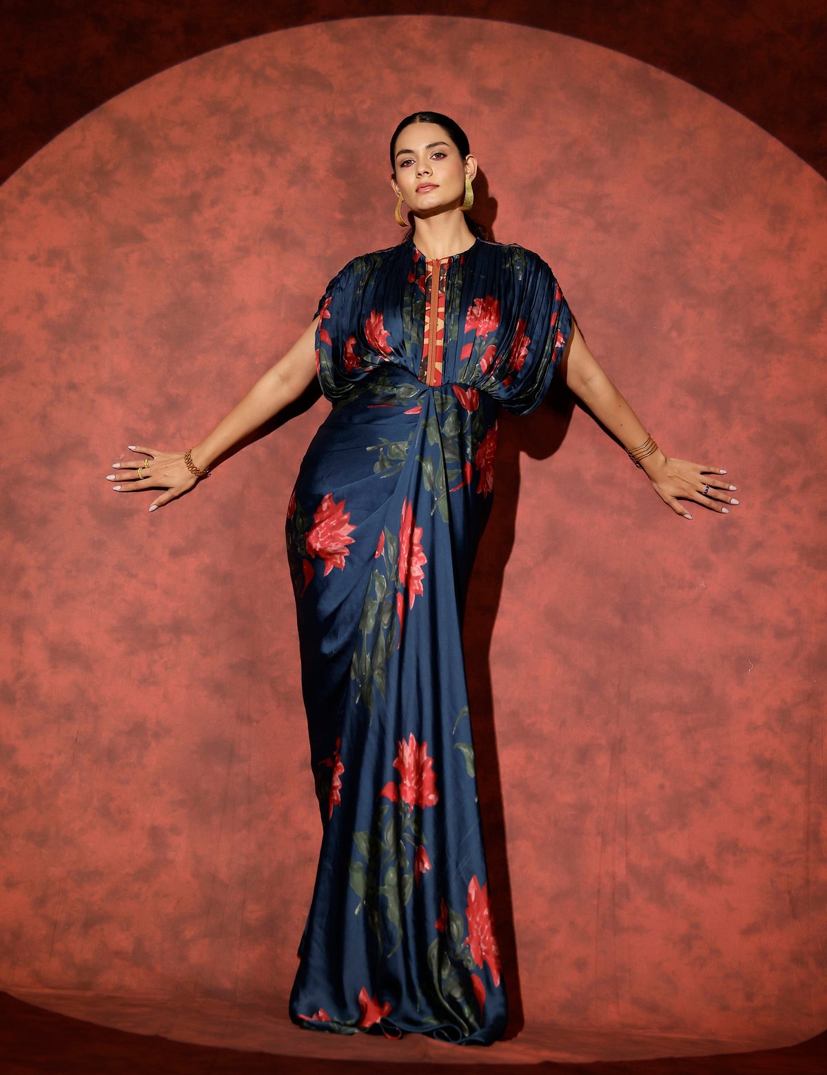 Peacock Blue Floral Kaftan Maxi Gown with Front Zipper