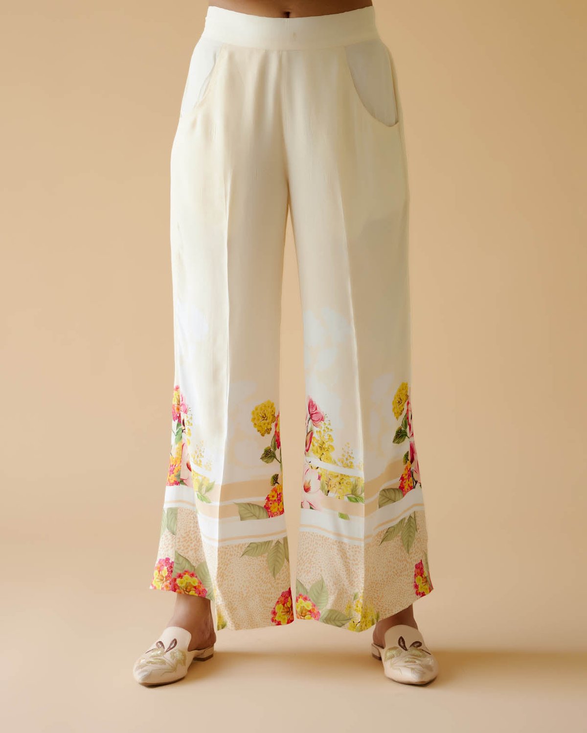 White Crepe Wide-Leg Trousers with Floral Hem Border