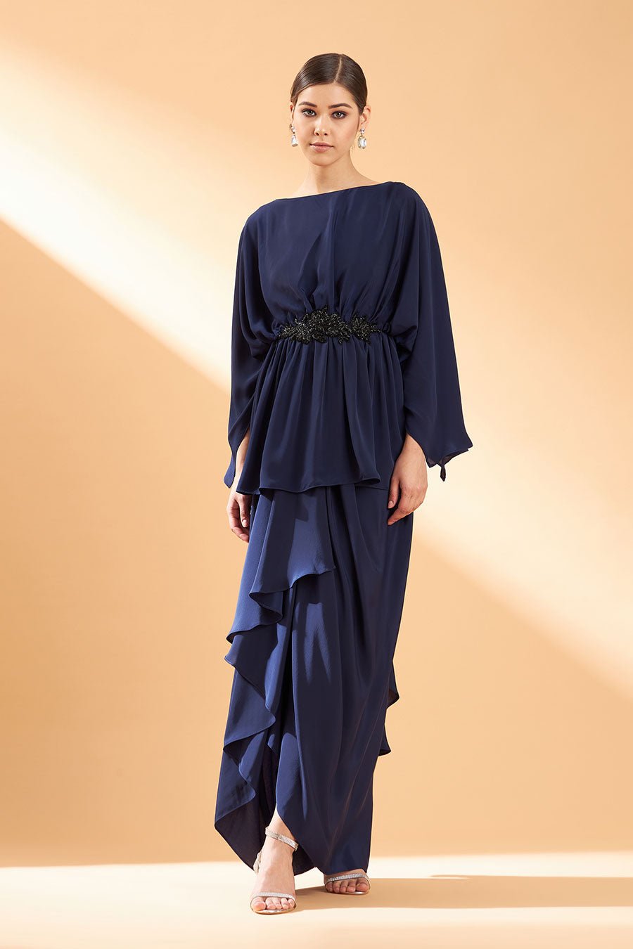 Navy Silk Crepe Cape Tunic and Drape Skirt Co-ord Set