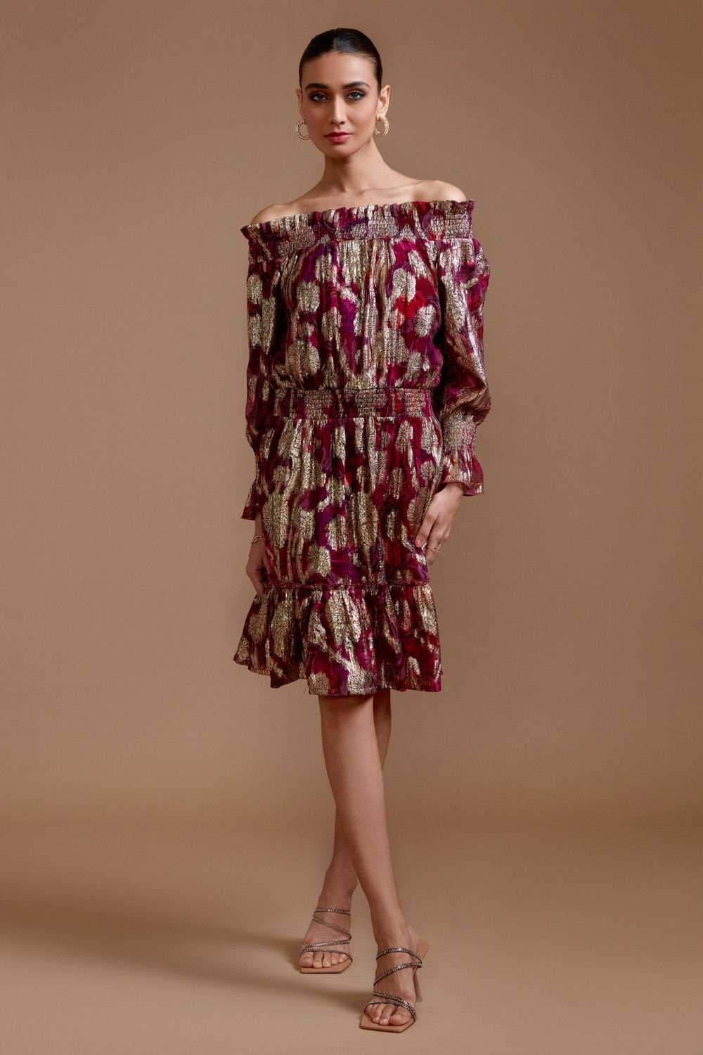 Burgundy and Gold Off-Shoulder Metallic Floral Mini Dress