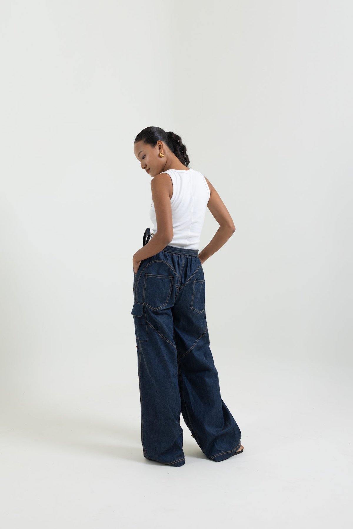 Blue Denim Gemstone Embellished Wide-Leg Cargo Trousers
