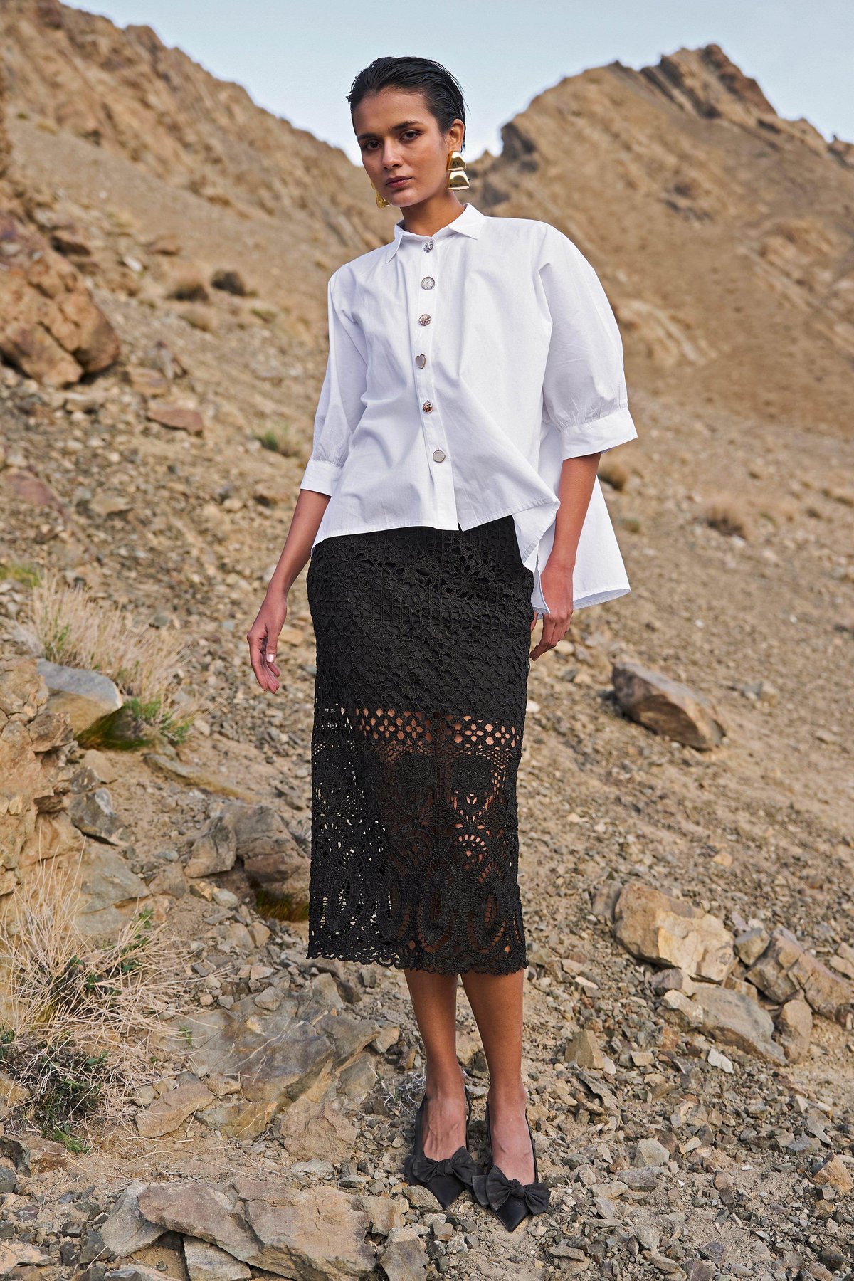 Black Metallic Lace Cutwork Pencil Midi Skirt