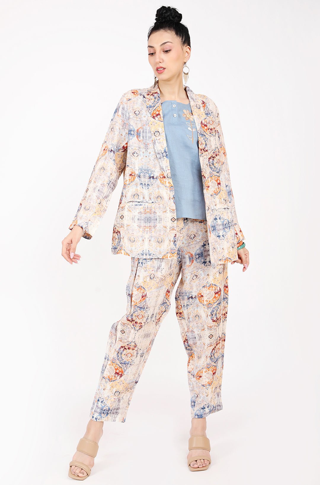 Multicolor Rug Print Linen Longline Blazer