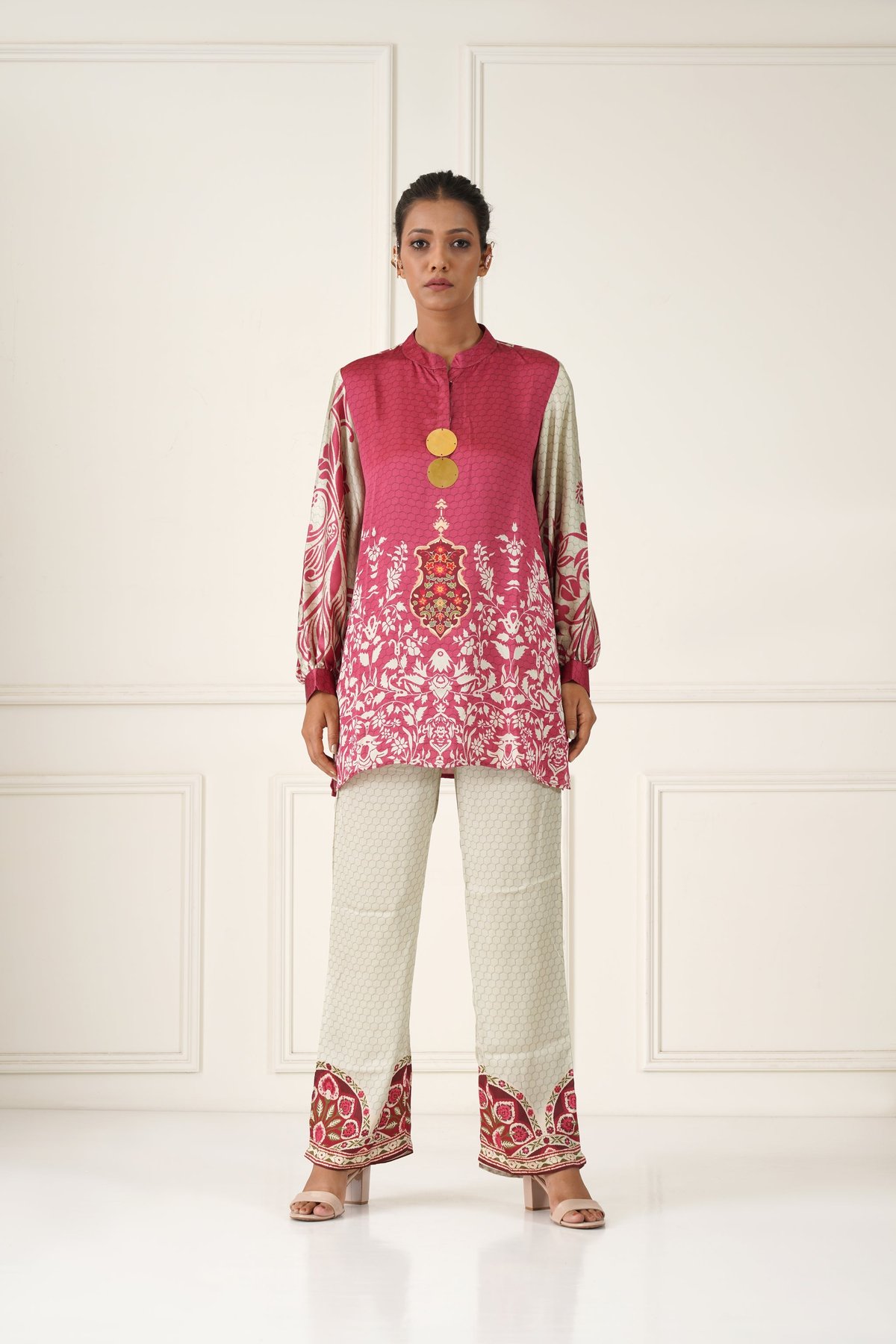 Deep Rose and Beige Modal Satin Printed Co-ord Set