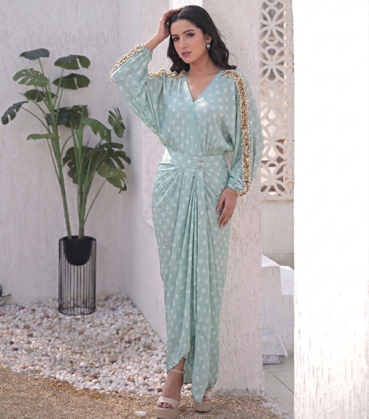 Sea Blue Bandhani Drape Dress With Handwork