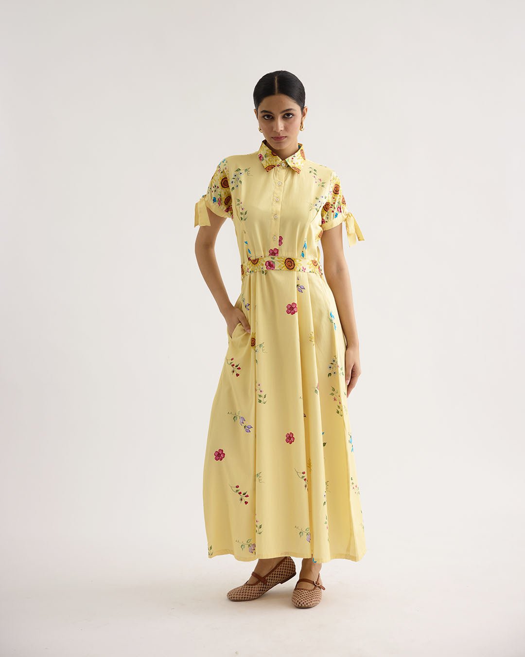 Yellow Floral Shirt Dress with Tie Sleeves and Belt