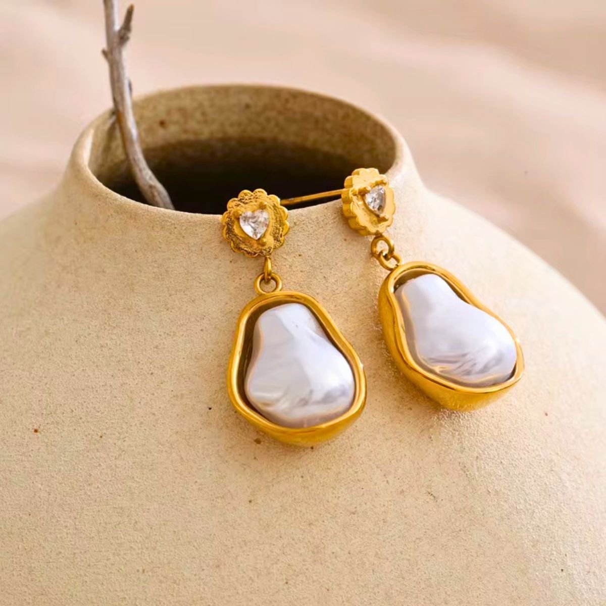 18K Gold Plated Baroque Pearl Drop Earrings, Sana